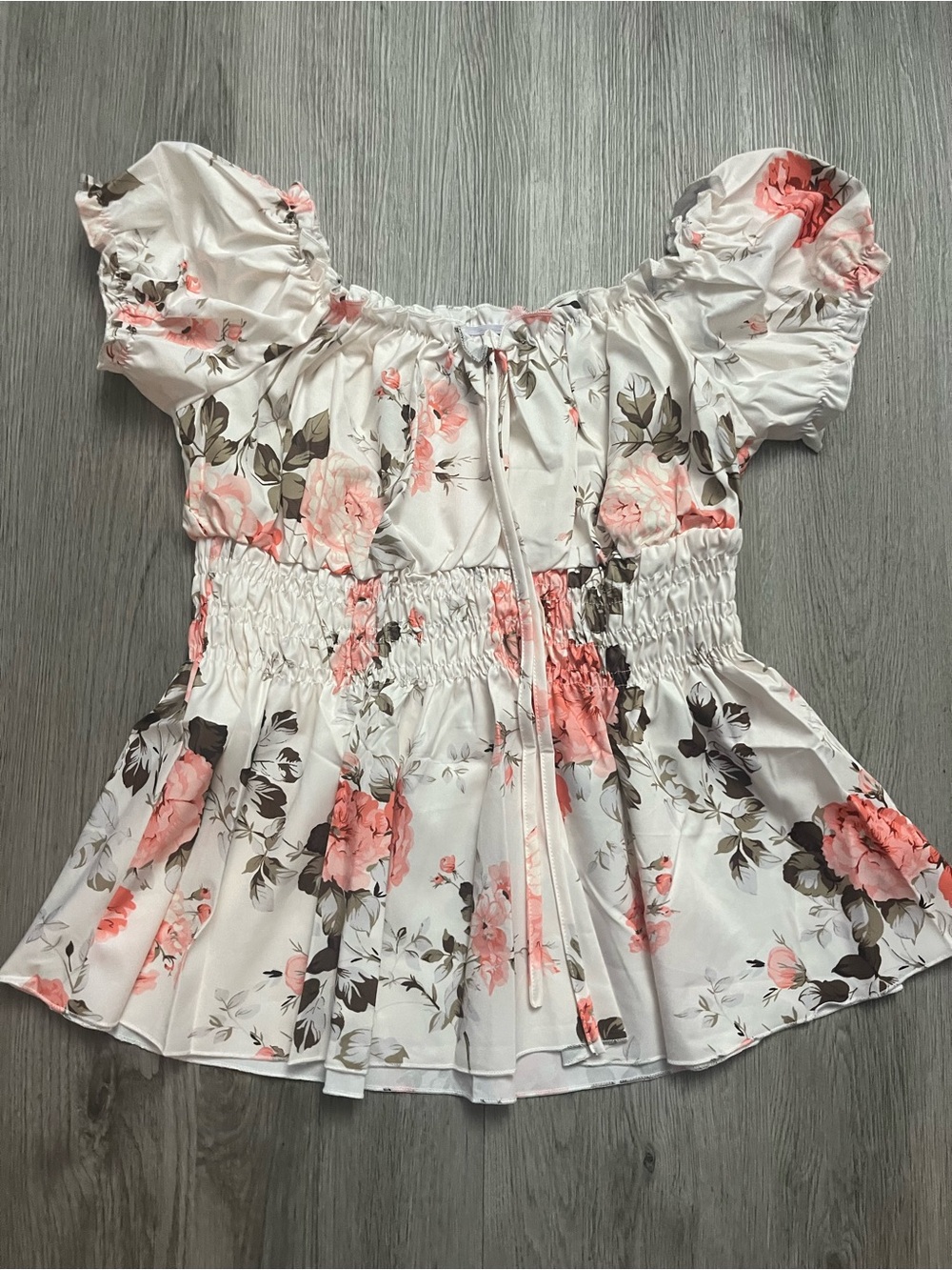314–Floral Off-Shoulder Peplum Top - White with Pink Roses
